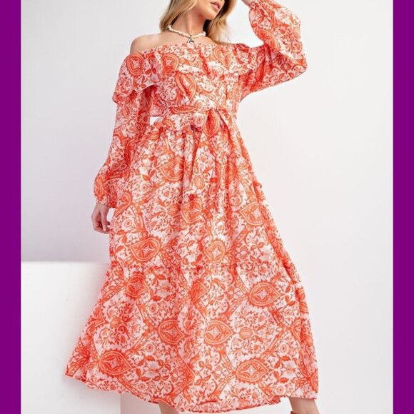 Easel Sunset Orange Printed Off-Shoulder Maxi Dress NWT S - Picture 1 of 10